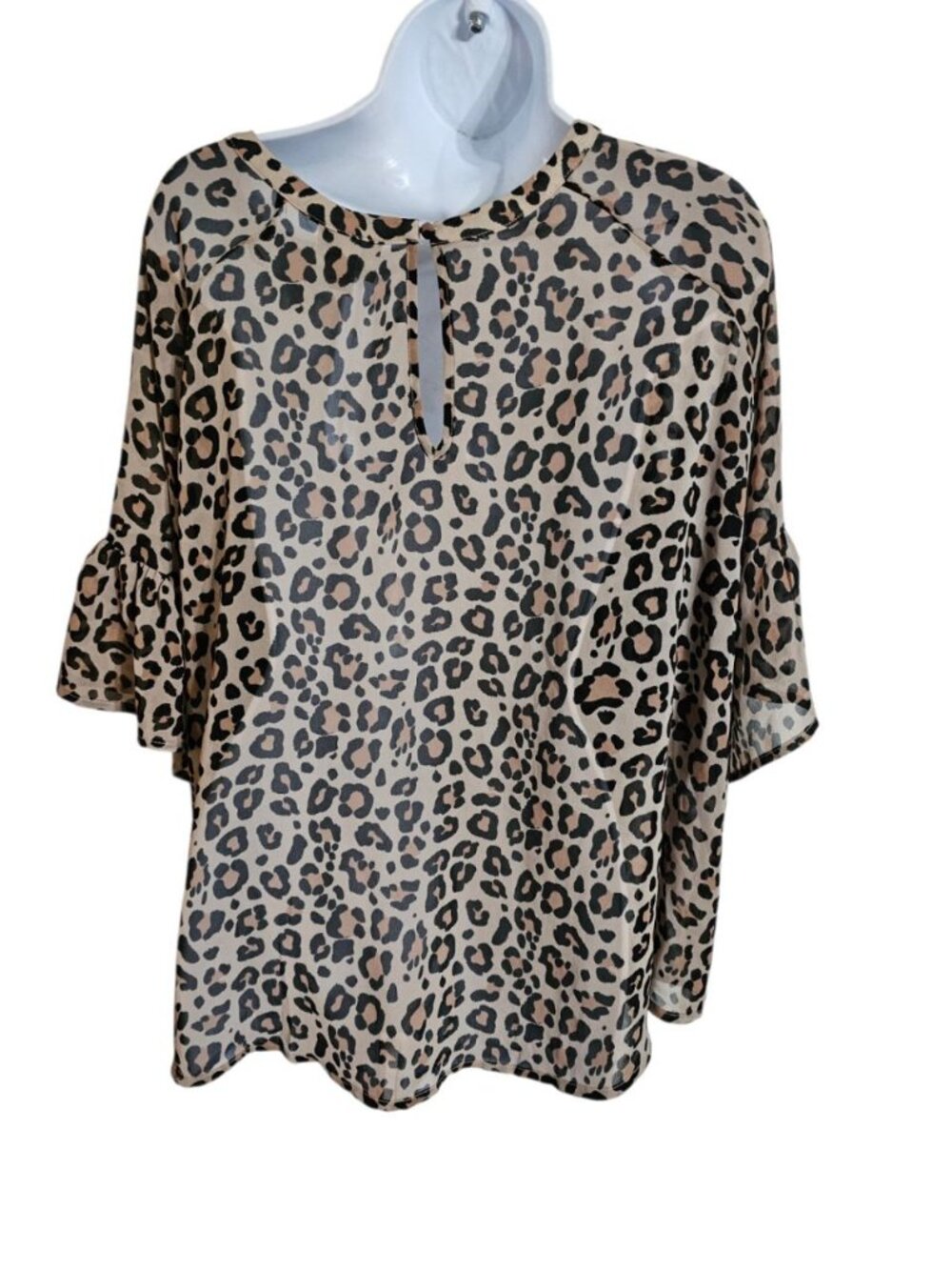 Ava & Viv Women 2X Leopard Print Blouse Ruffle Sleeve Sheer Boho Statement Top - Picture 3 of 7